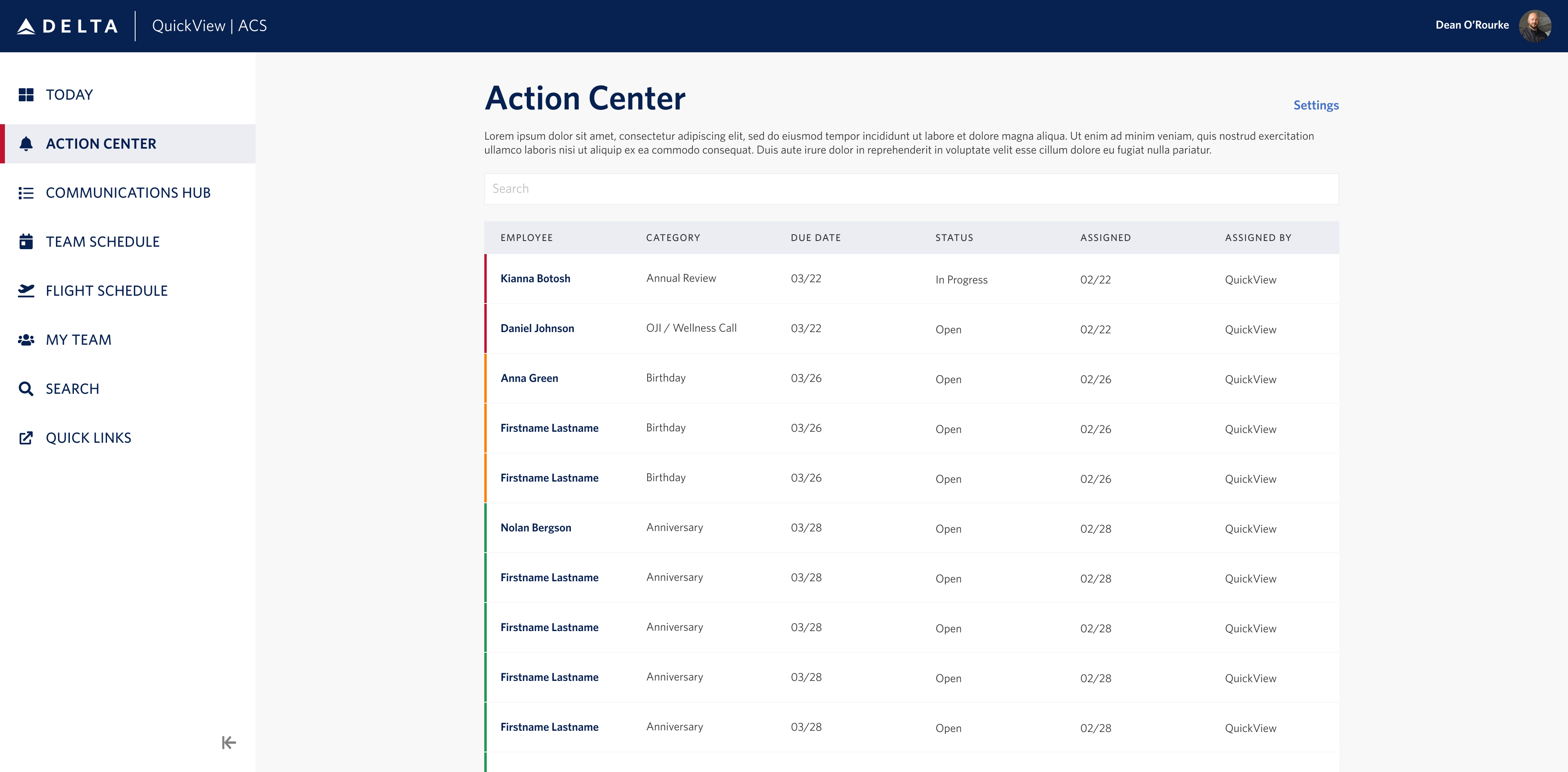 Action Center table on desktop