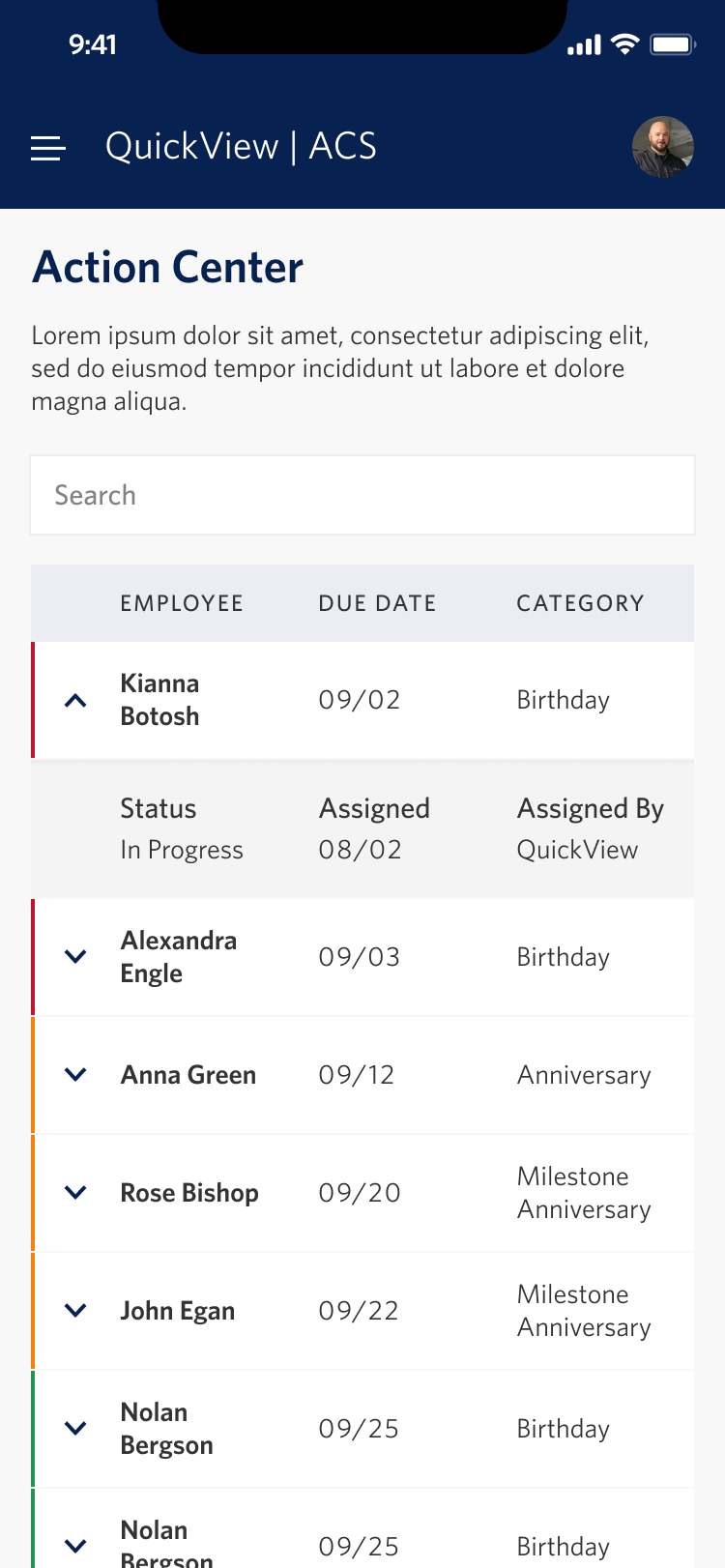 Action Center table on mobile